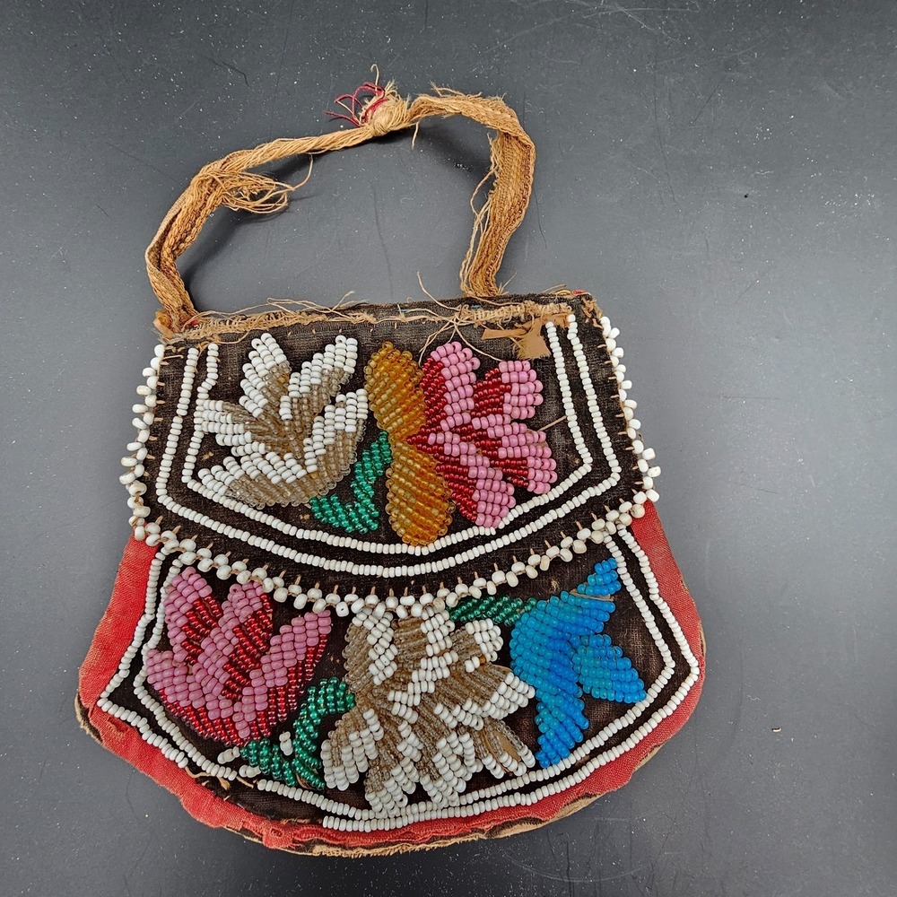 Antique Native American Iroquois Beaded Velvet Purse Floral Flaps 1890s-1910s - Picture 2 of 9